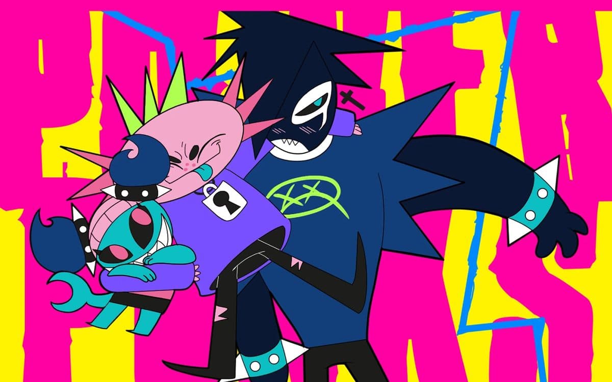 Ilustración de personajes punk en rosa, amarillo y azul eléctrico
